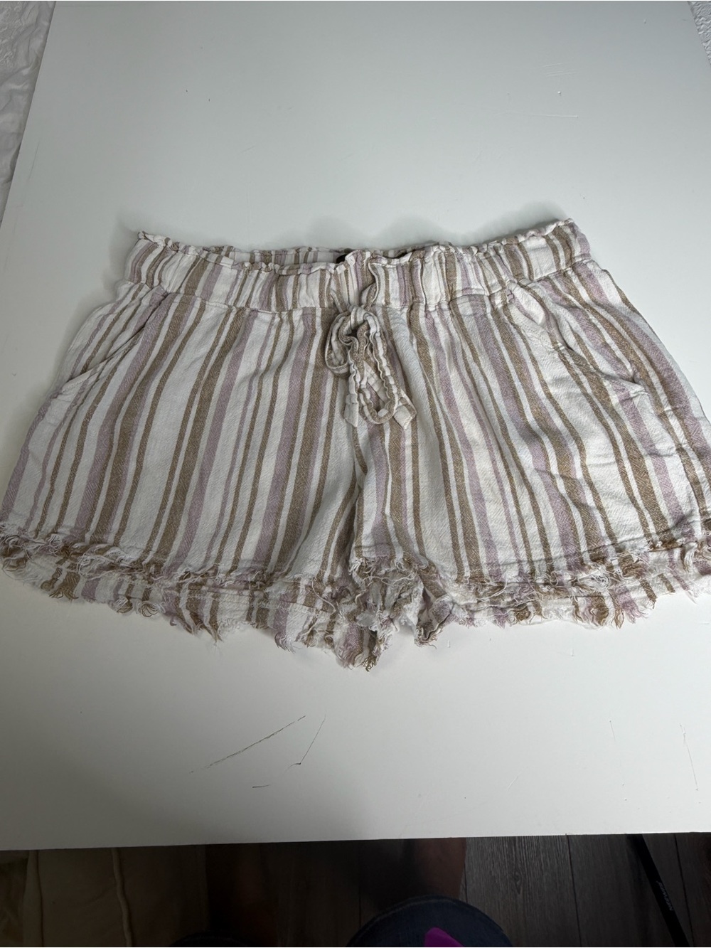 Rewash Striped Shorts Women L Cream Good High Waist Fray Hem J14027AHG391